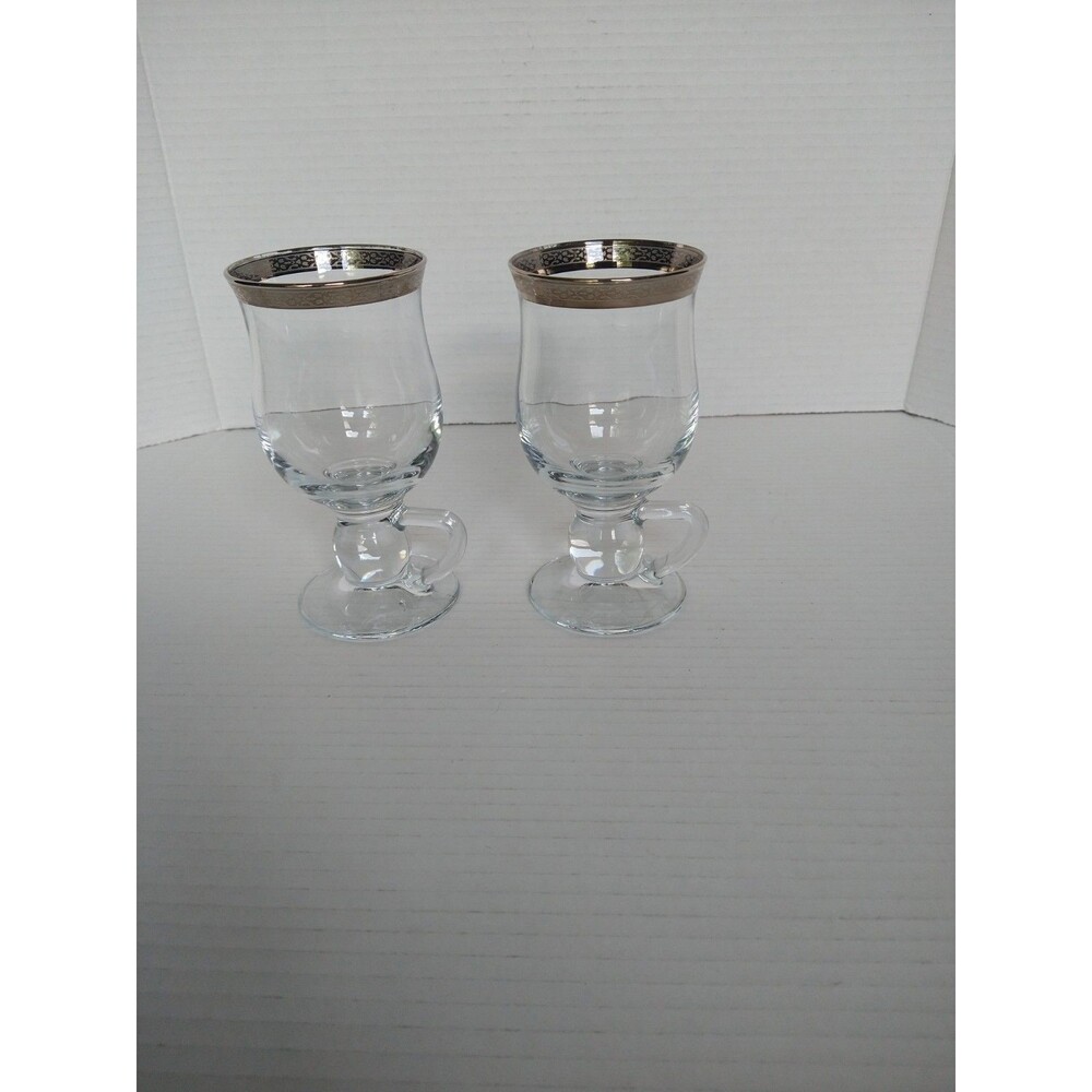 Set of 2 Clear Irish Coffee Glasses with Silver Rim and Footed Handle